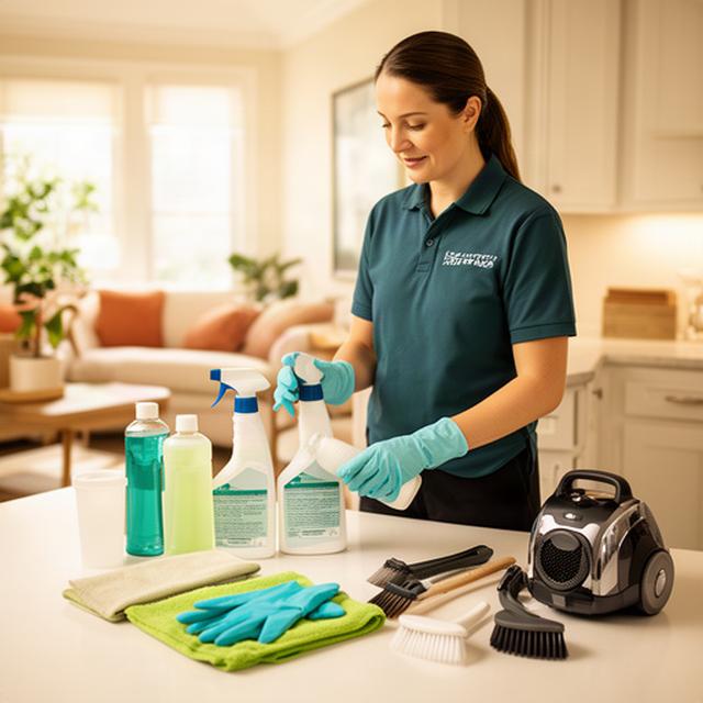 Cleaning professional preparing supplies in a bright Pearl, Mississippi home