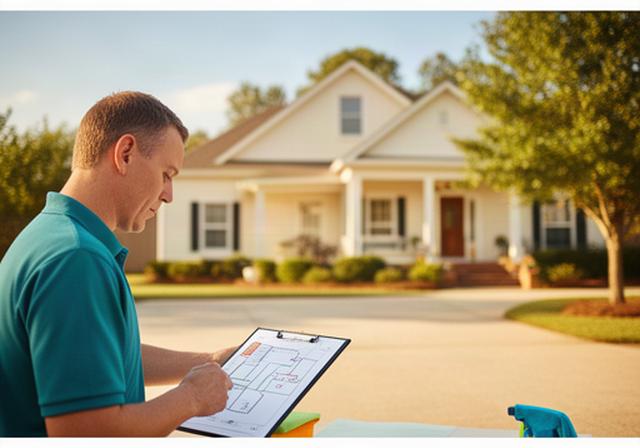 Residential cleaner reviewing a route map beside a bright Pearl, Mississippi home